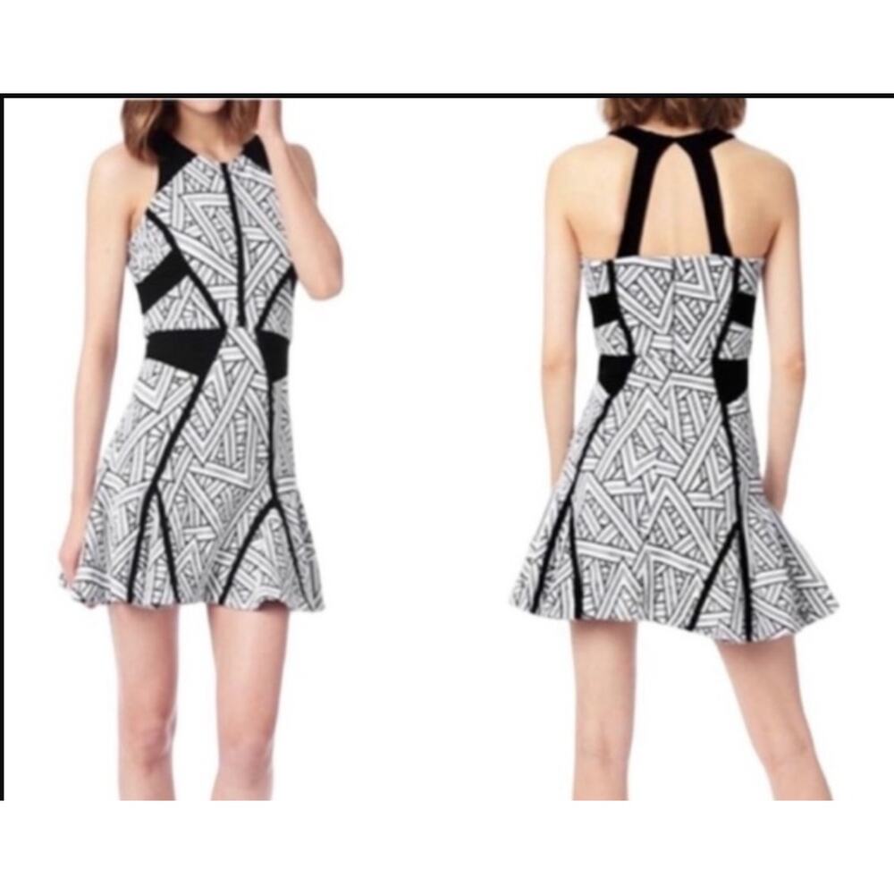 Parker Black White Geometric Textured Fitted Mini Dress Flounce Skirt